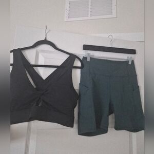 2 Piece Fabletics Deep Teal Bike Shorts with Pockets And Black Bralette